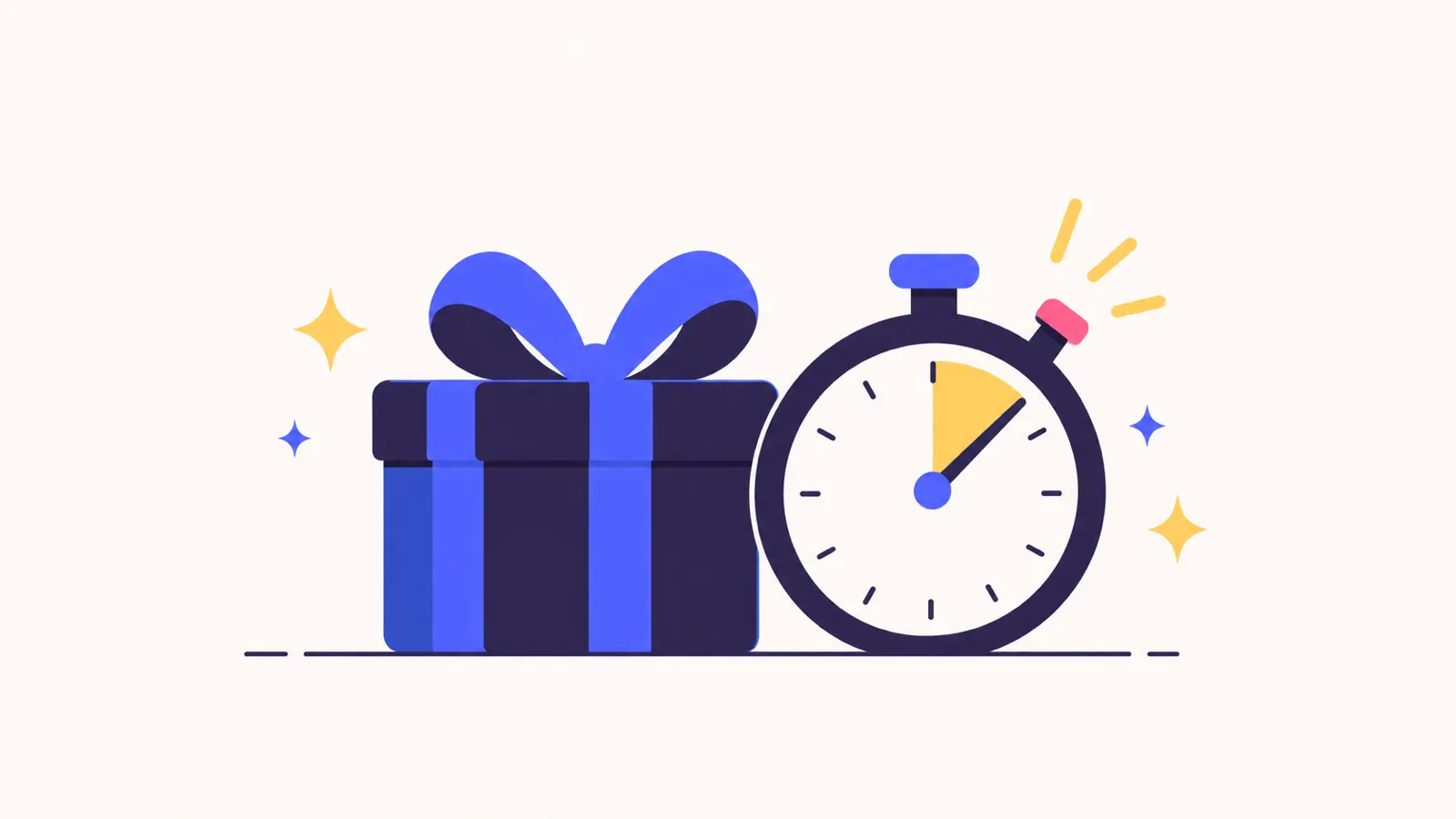 リボンのついたギフト箱と、期限を示すストップウォッチの挿絵