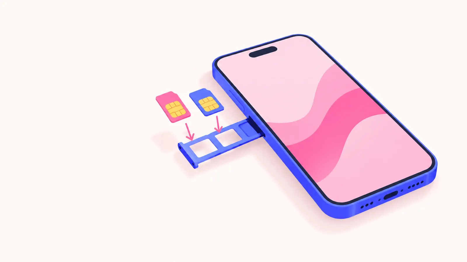 1台のスマートフォンのSIMトレイに、2枚のSIMカードを差し込もうとしている挿絵