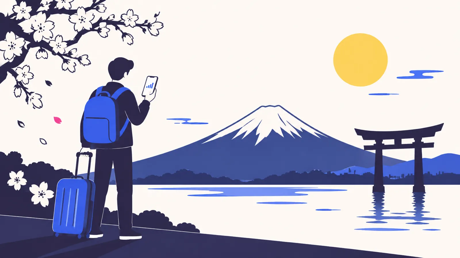 富士山と鳥居を眺めながらスマートフォンを手に持つ旅行者の挿絵。日本で使うSIMを調べる場面