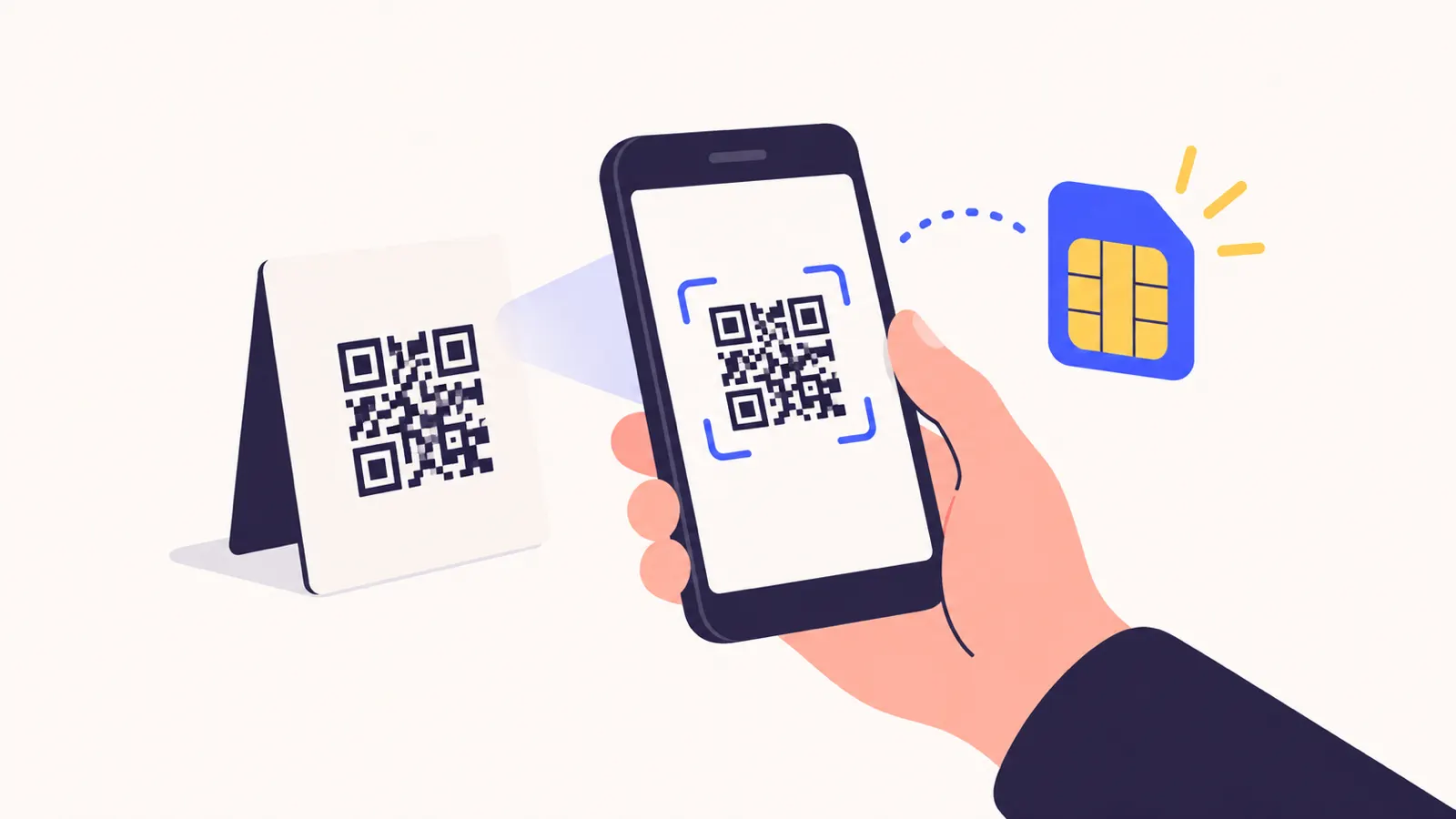 手に持ったスマホでQRコードを読み取っていて、隣にeSIMのチップがある挿絵