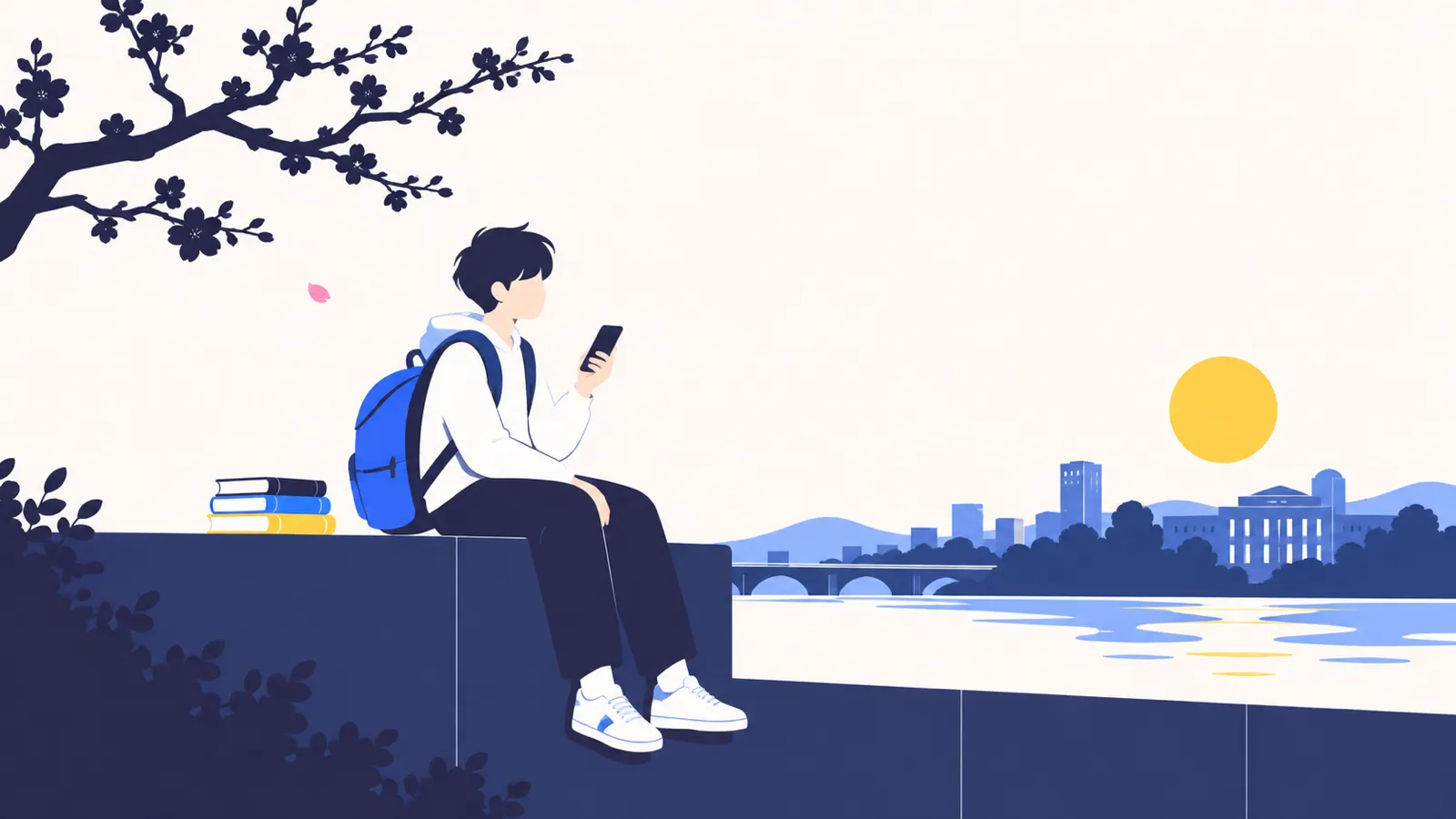 リュックを背負った学生が新しいスマホを掲げ、教科書と桜の花びらがある挿絵