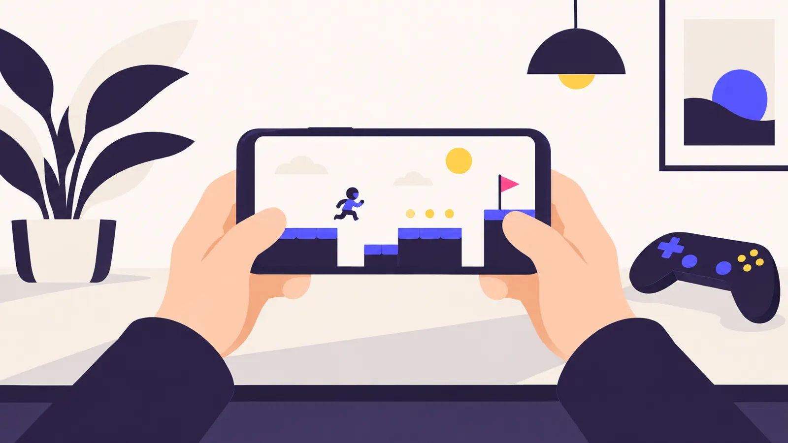 両手でスマホを横に持ってゲームをしている手元と、そばに置いたコントローラーの挿絵