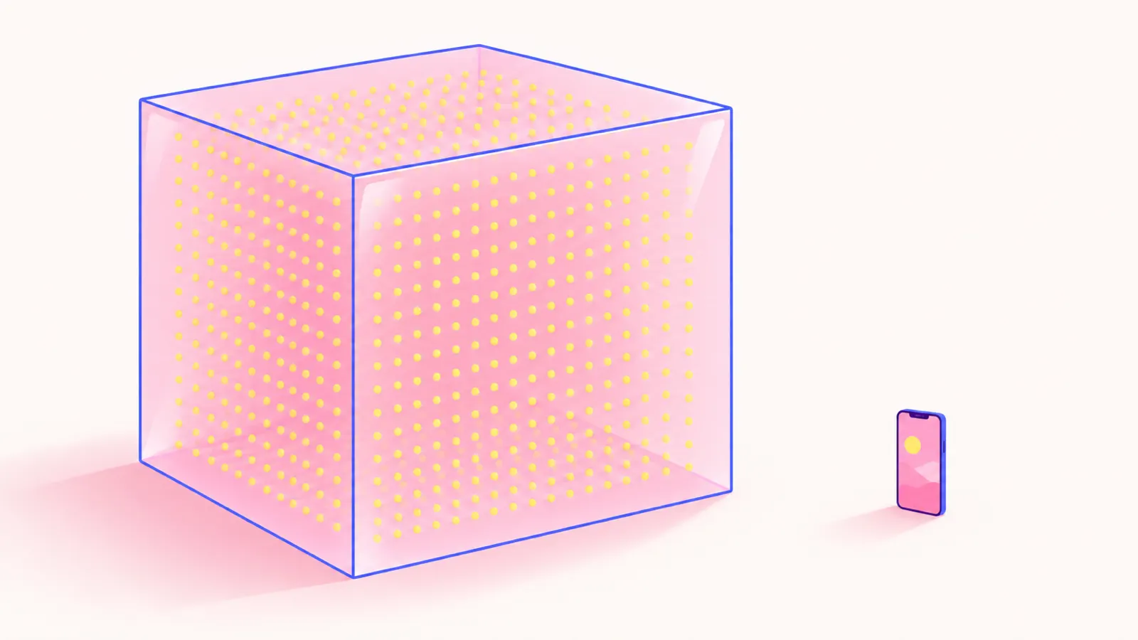 データ容量の粒が詰まった箱とスマートフォンを並べた挿絵。使った量を振り返る場面