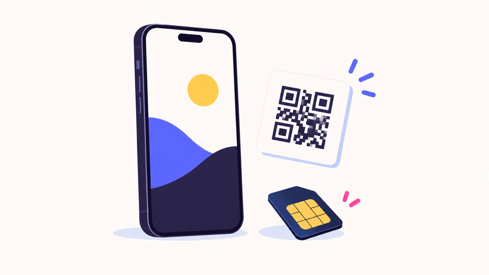 iPhoneとSIMカードを並べた挿絵。手持ちのiPhoneで楽天モバイルを使う場面