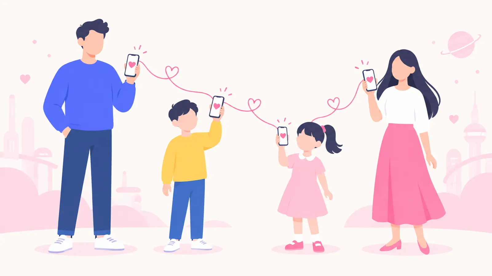 家族4人のスマートフォンを並べた挿絵。家族で回線をまとめる場面