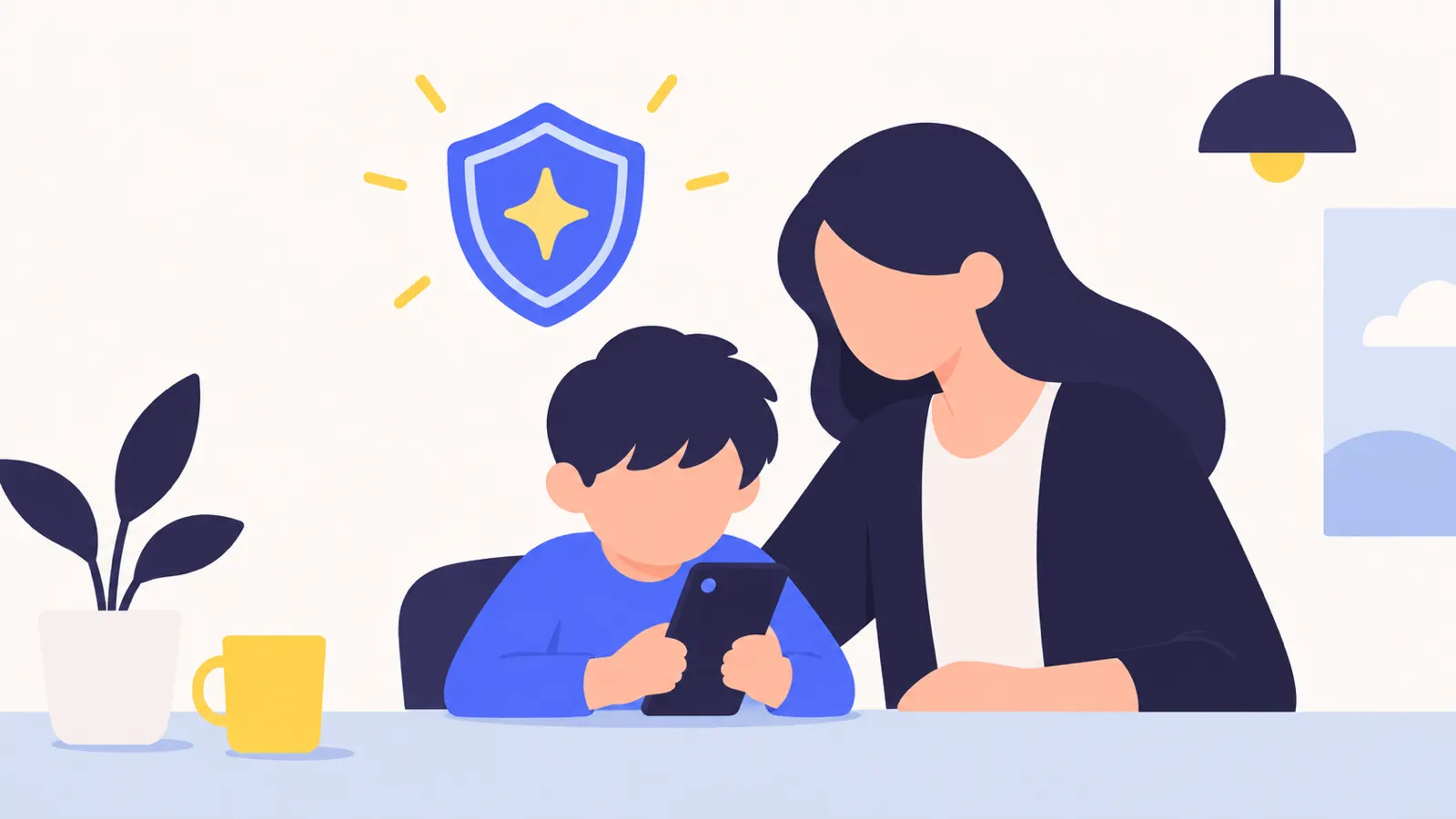 子どもがスマホを持ち、保護者が隣で見守っていて、上に盾の印がある挿絵