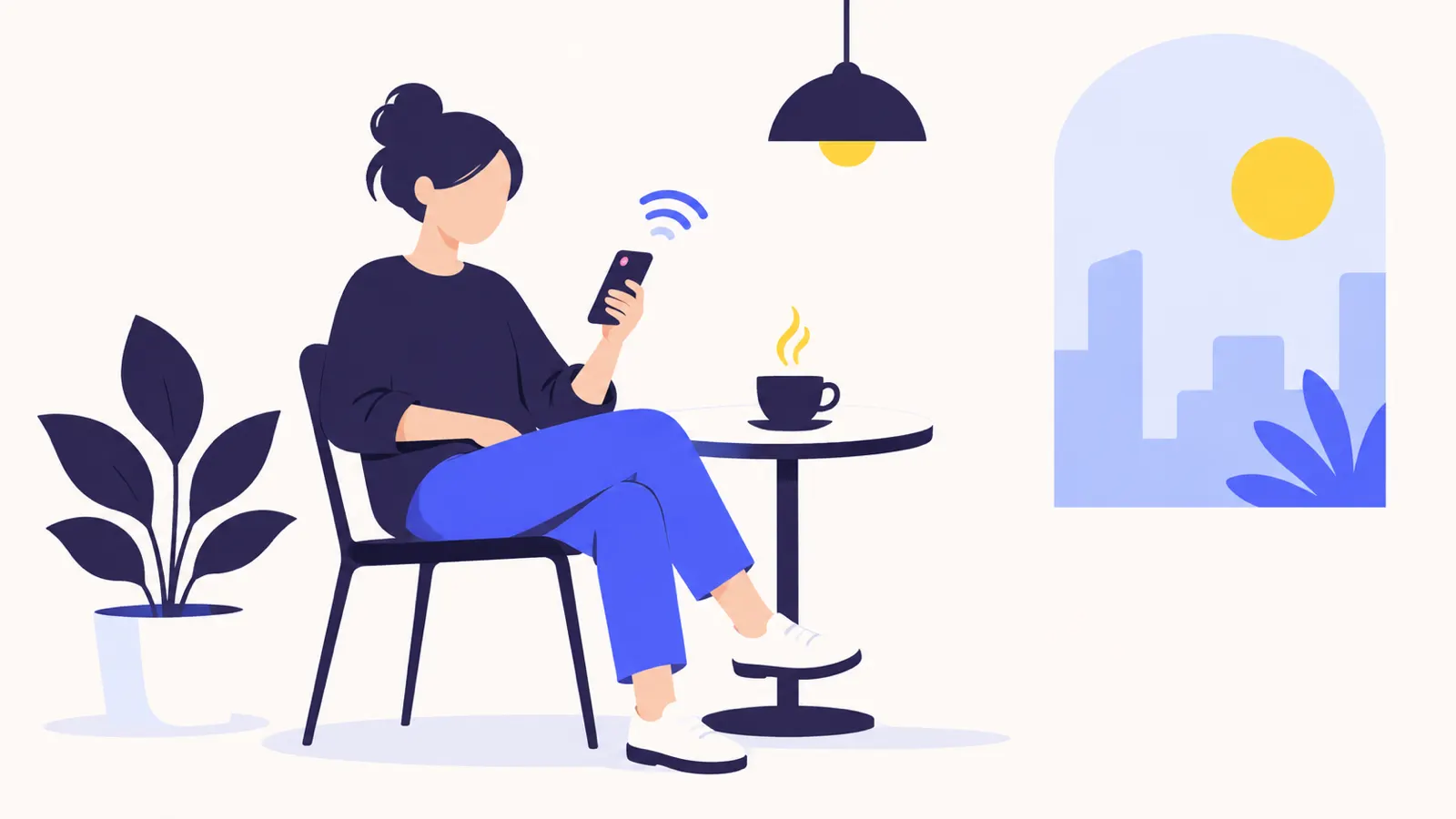 カフェの席でコーヒーを前に、スマホを軽く眺めている人の挿絵