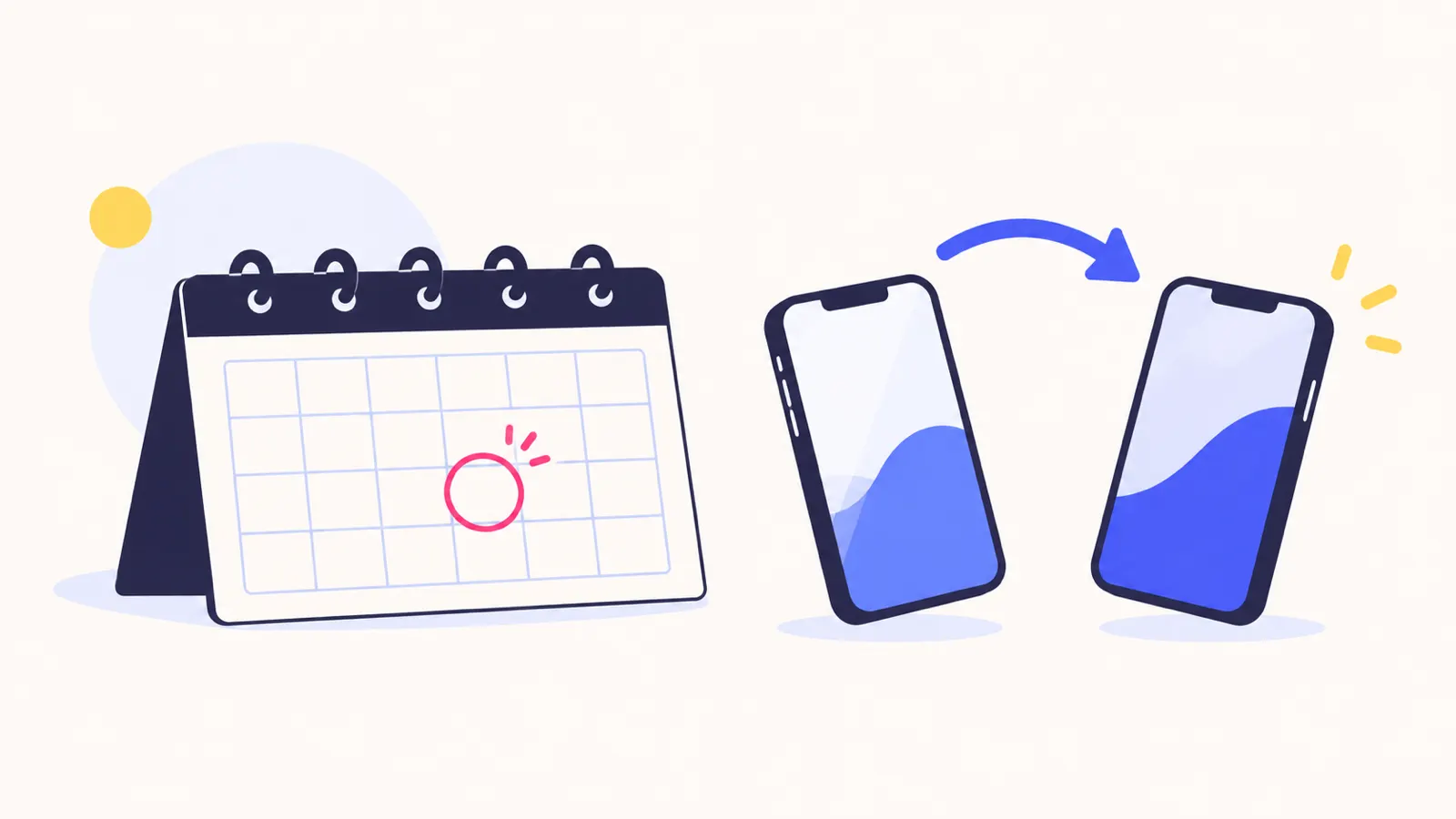 1日に印のついたカレンダーの前で、2台のスマホの間に乗り換えの矢印がある挿絵。切り替える日を決める場面