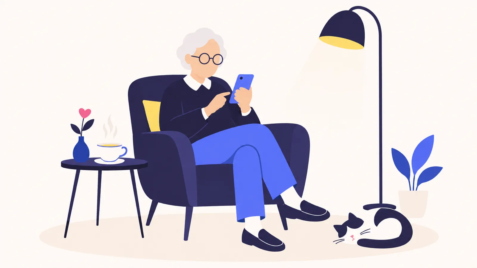 眼鏡のシニアがひじ掛け椅子でゆったりスマホを見ていて、脇に湯のみがある挿絵