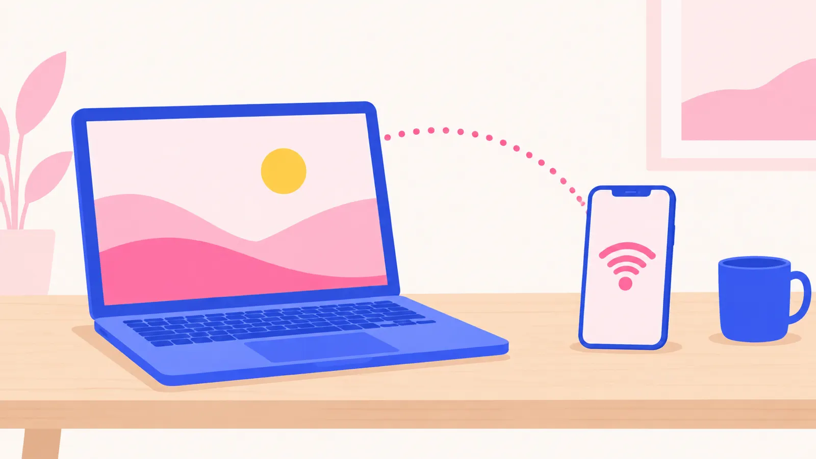ノートパソコンとスマートフォンを並べた挿絵。スマホの回線で自宅の通信をまかなう場面