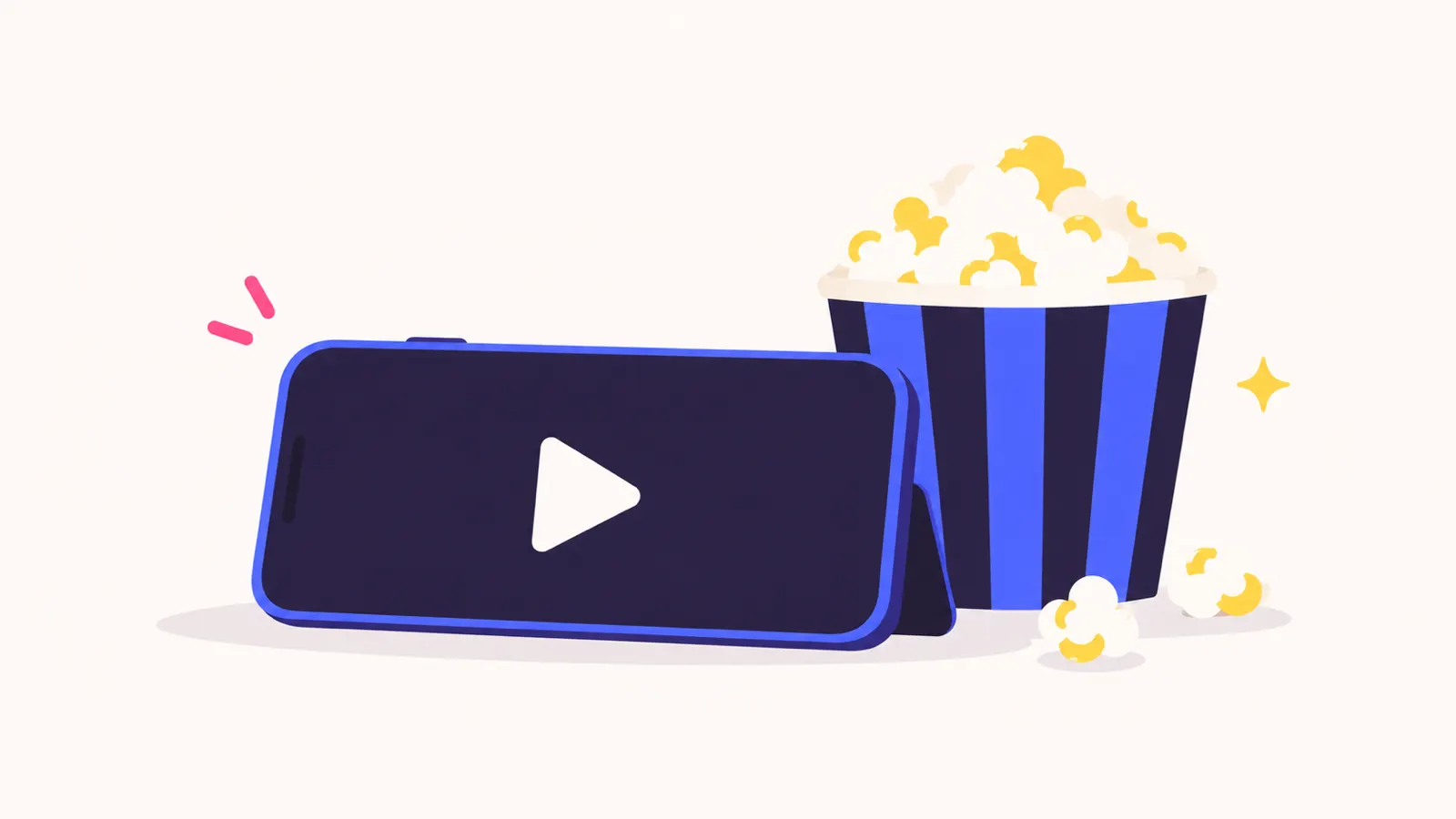 横向きのスマホに再生ボタンが出ていて、隣にポップコーンが置かれた挿絵