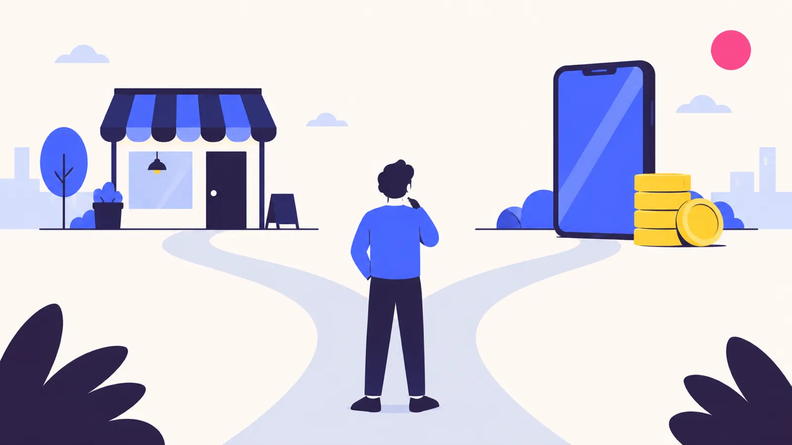 分かれ道の前で、店舗とスマートフォンと硬貨を見比べて立ち止まる人の挿絵。どの会社にするか迷う場面