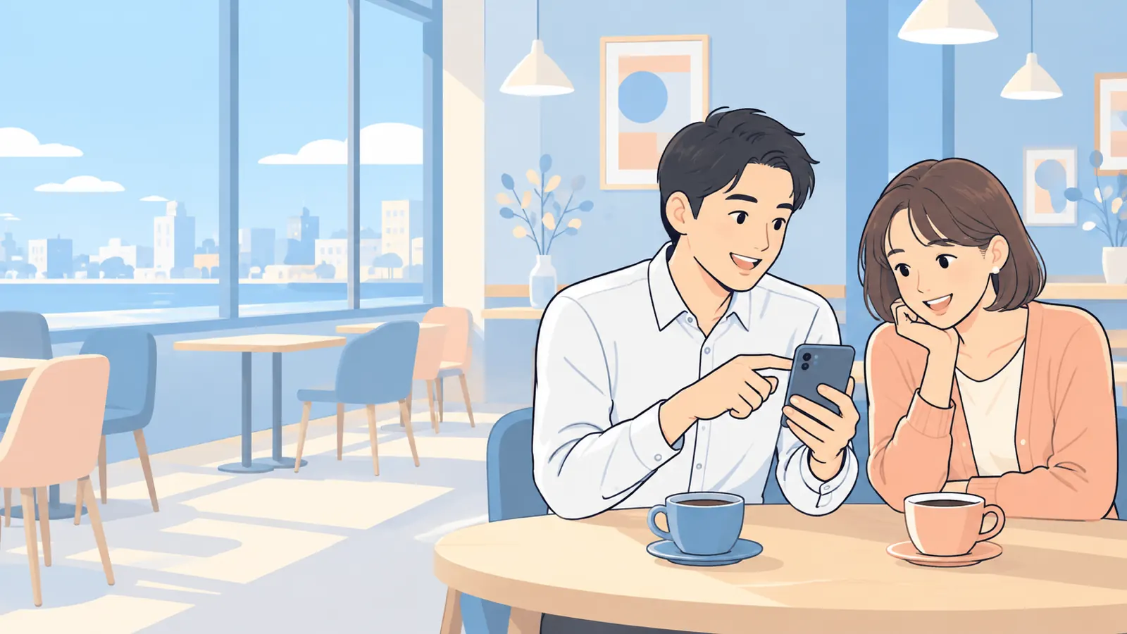 スマートフォンの画面を友人に見せている2人の挿絵。楽天モバイルを紹介する場面